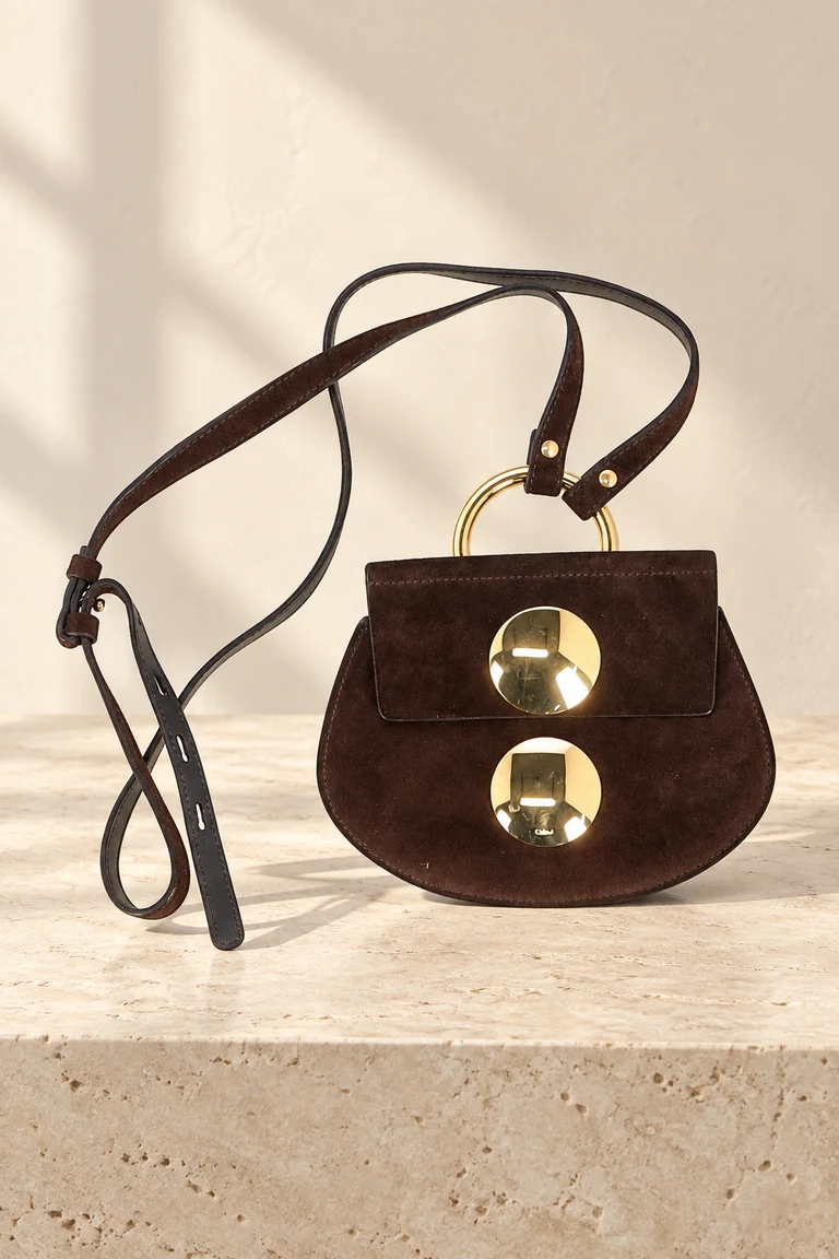Unsere braune Schultertasche aus Veloursleder mit goldfarbenen runden Beschlägen