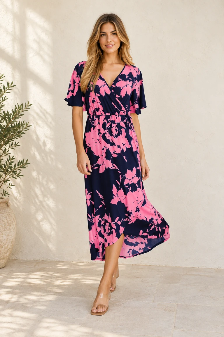 Dunkelblaues Wickelkleid mit rosa Blumenmuster aus unserer aktuellen Kollektion