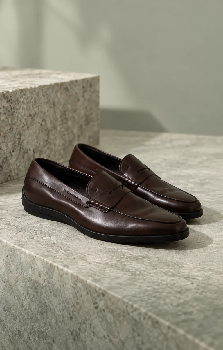 Brown leather loafers on stone steps