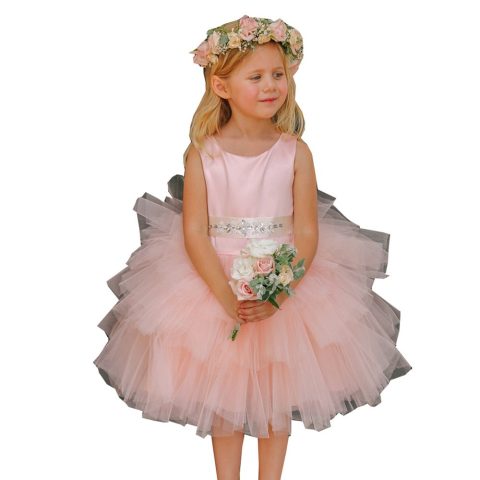 Little Girls Blush Satin Layered Tulle Removable Sash Flower Girl Dress 2-6