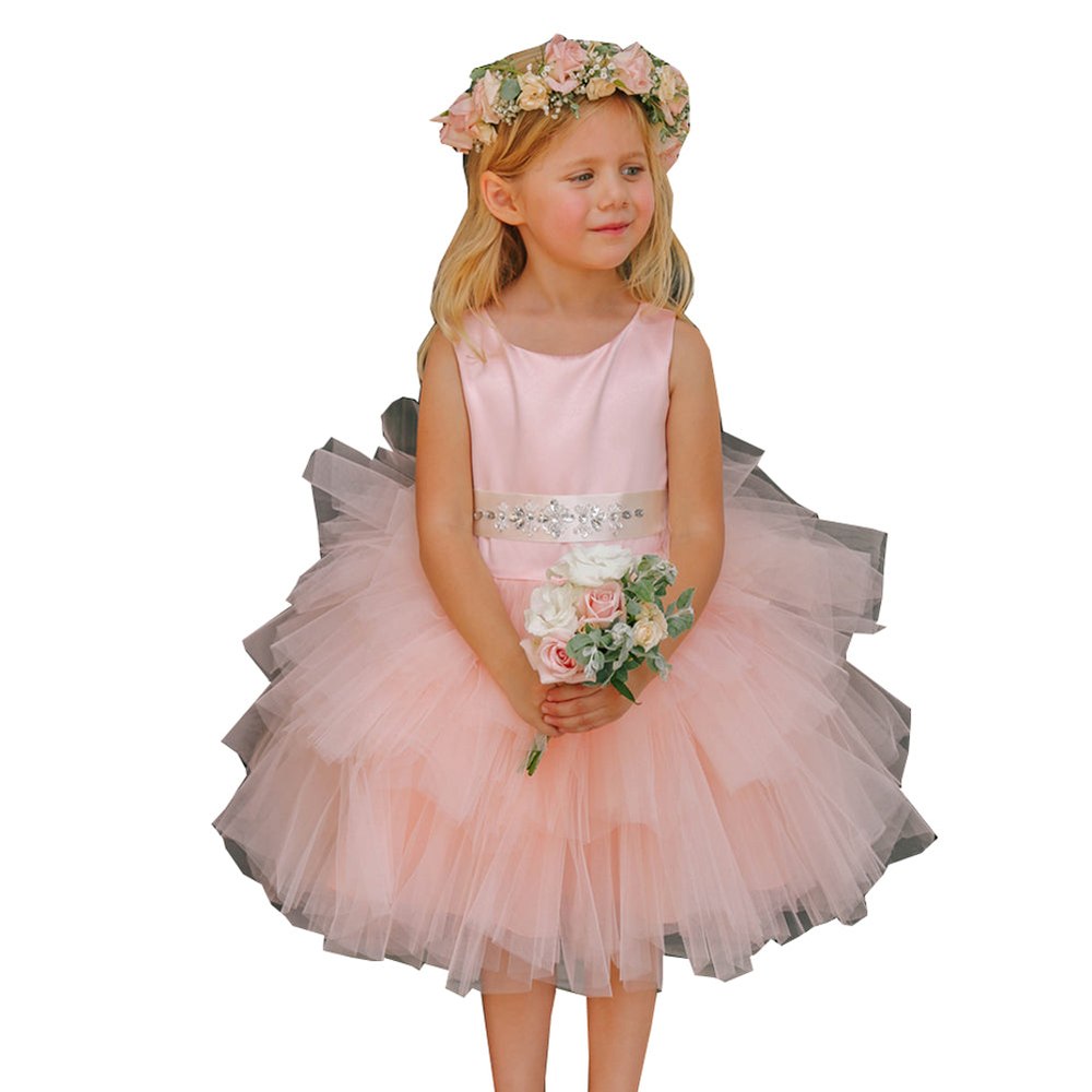 Little Girls Blush Satin Layered Tulle Removable Sash Flower Girl Dress 2-6