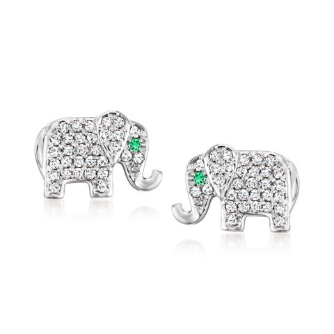 Ross-Simons Diamond Elephant Earrings With Emerald Accents in Sterling Silver