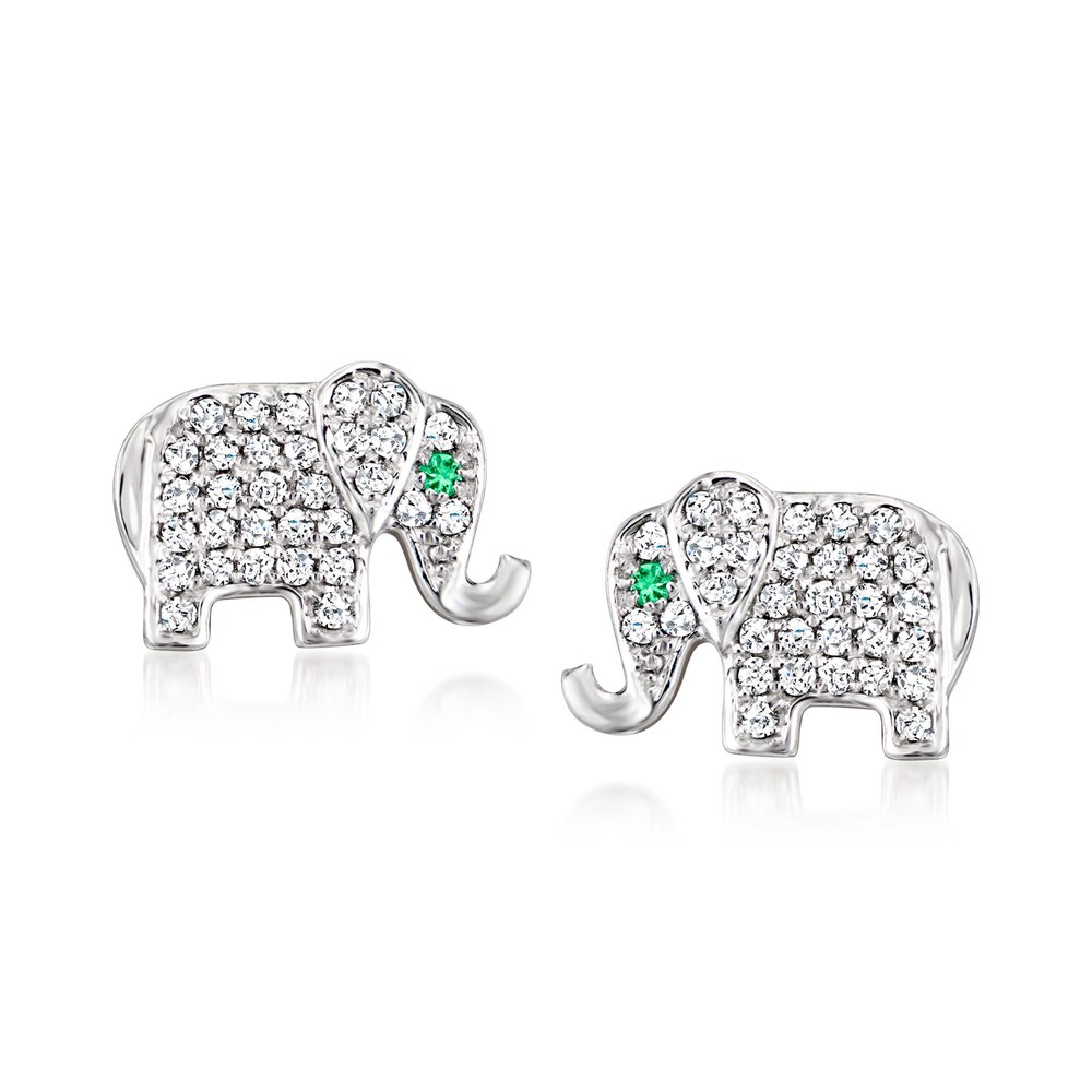 Ross-Simons Diamond Elephant Earrings With Emerald Accents in Sterling Silver