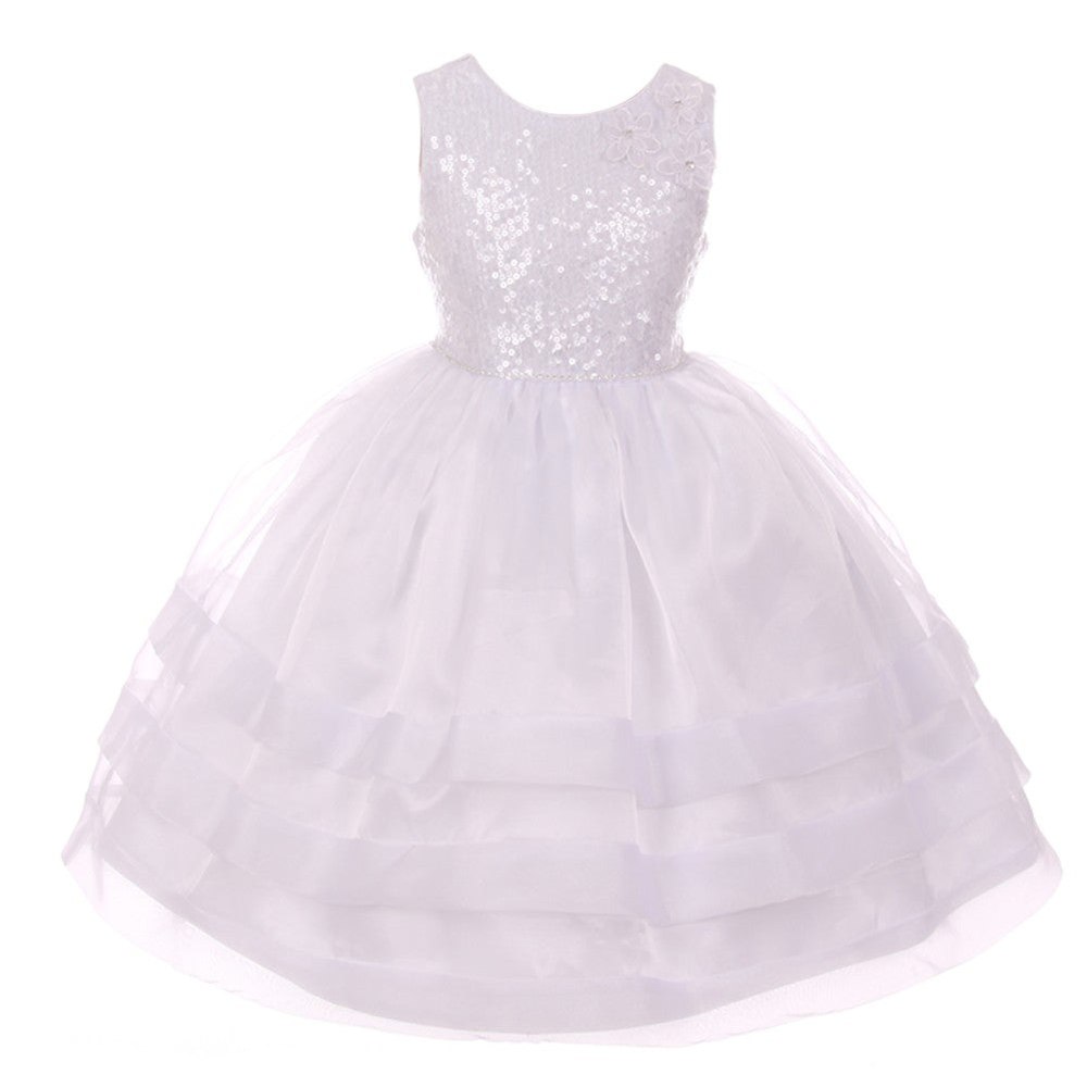 Little Girls White Sequin Lace Organza Flower Girl Dress 2-6