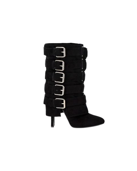 Balmain Buckled High-Heel Boots in Black Suede