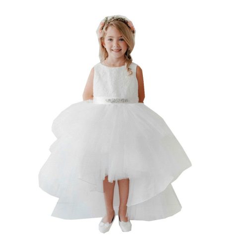 Big Girls White Lace Bodice Beaded Sash Hi-Low Junior Bridesmaid Dress 8-12
