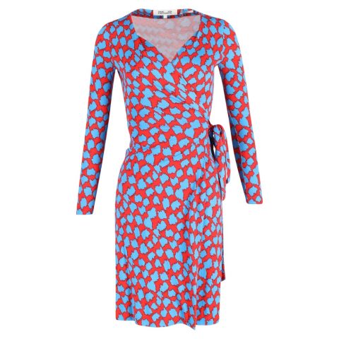 Diane von Furstenberg Julian Long Sleeves Wrap Dress in Blue and Red Silk