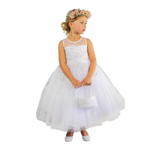 Big Girls Ivory Illusion Neckline Floral Lace Adorned Flower Girl Dress 8-12