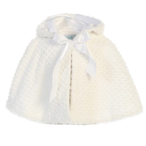 Big Girls White Ribbon Accent Hooded Swirl Texture Faux Fur Cape 8-10