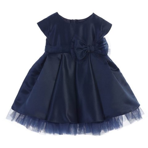 Baby Girls Navy Satin Full Pleated Bow Accent Christmas Dress 6-24M
