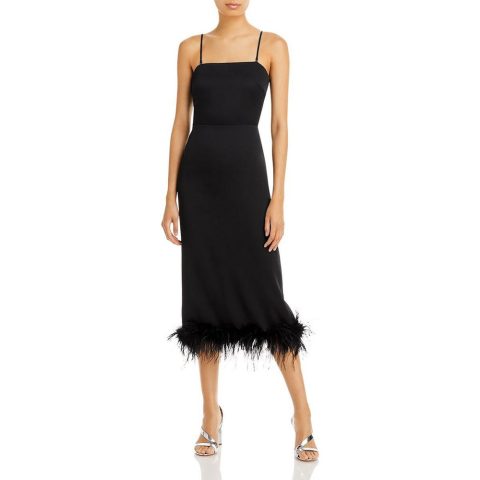 Mareena Feather Trim Back slit Cocktail and Party Dress