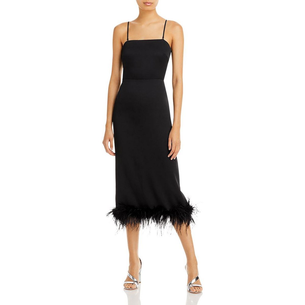 Mareena Feather Trim Back slit Cocktail and Party Dress