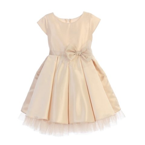 Little Girls Champagne Satin Full Pleated Bow Christmas Dress 2-6