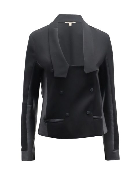 Diane Von Furstenberg Leather-Trimmed Double Breasted Blazer Jacket in Black Triacetate