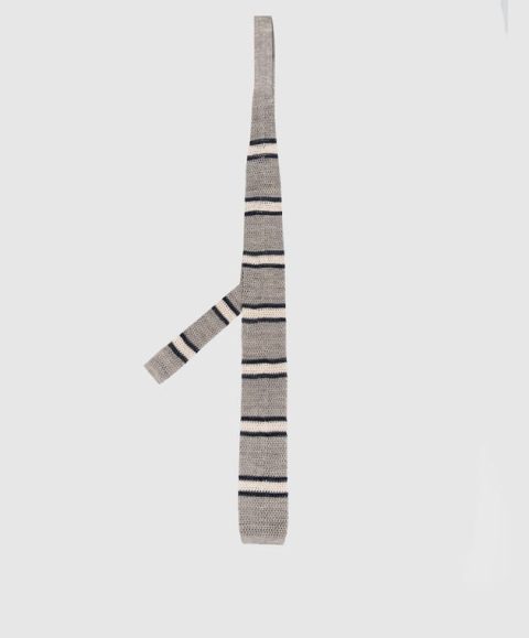 Brunello Cucinelli Striped Cotton And Linen Blend Knitted Tie Grey Navy White Men’s Tie