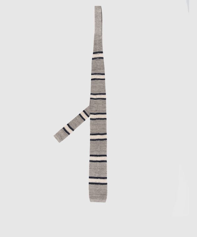 Brunello Cucinelli Striped Cotton And Linen Blend Knitted Tie Grey Navy White Men’s Tie