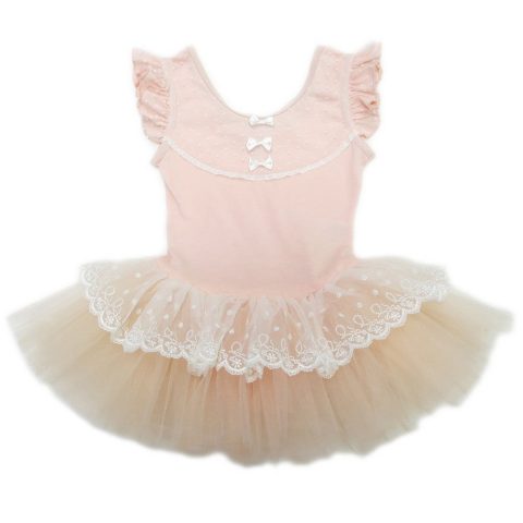 Girls Peach Lace Bow Flutter Sleeve Ballet Dress S (9-24M)-XL (6-8)