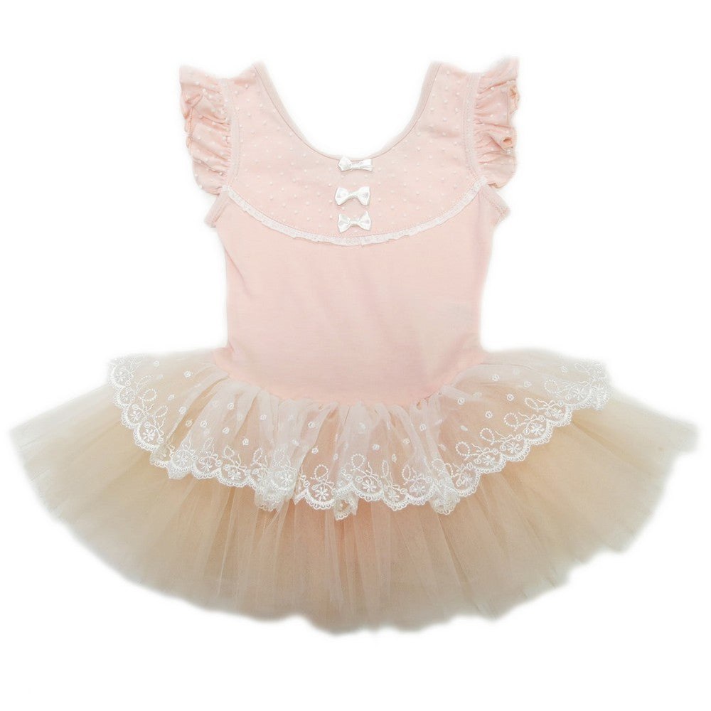 Girls Peach Lace Bow Flutter Sleeve Ballet Dress S (9-24M)-XL (6-8)