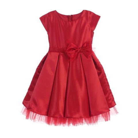 Big Girls Red Satin Full Pleated Bow Accent Christmas Dress 7-12