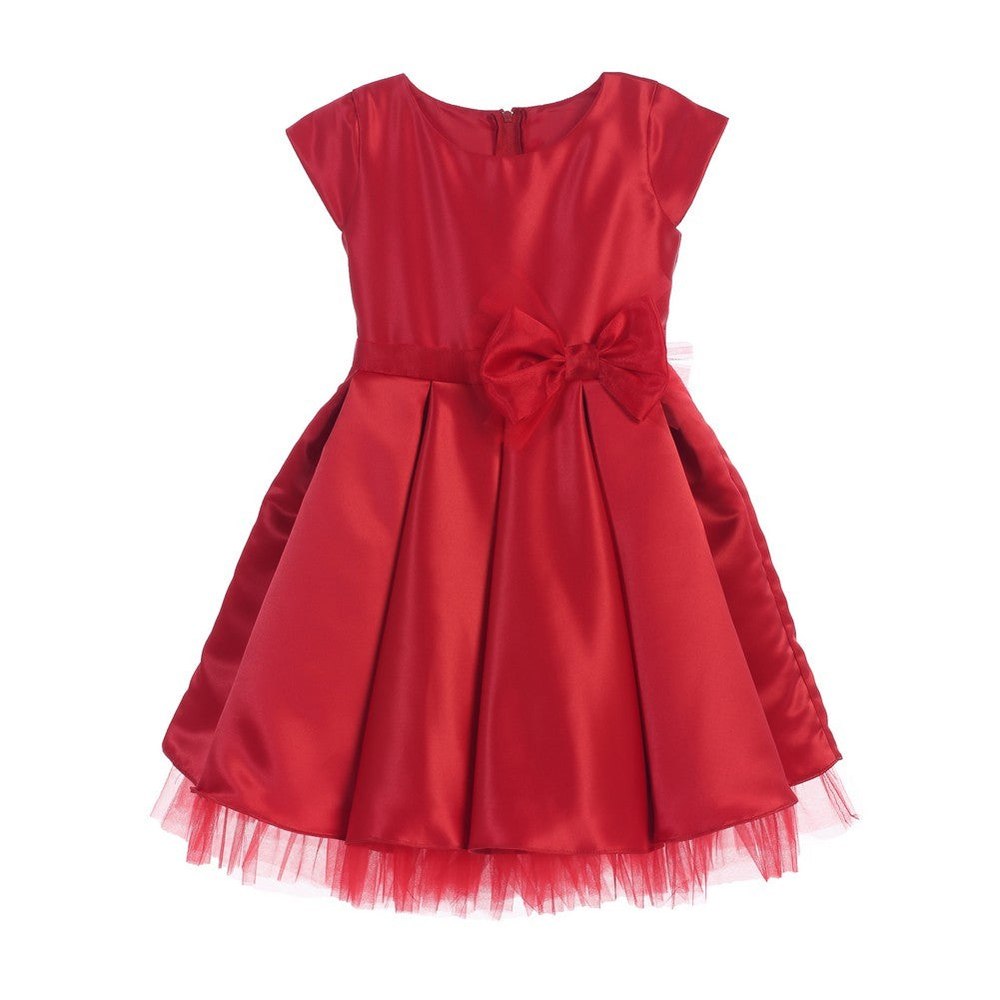 Big Girls Red Satin Full Pleated Bow Accent Christmas Dress 7-12