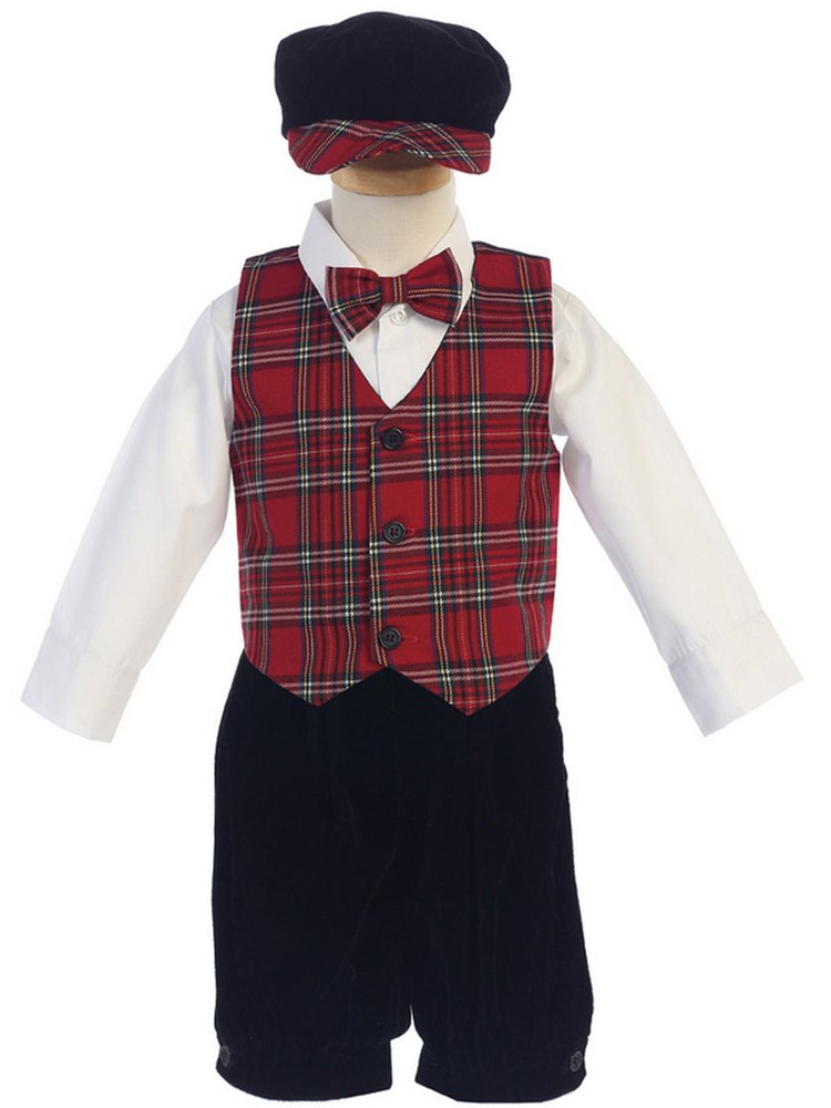 Little Boys Red Black Plaid Pattern Vest Velvet Knicker Set Outfit 2T-5
