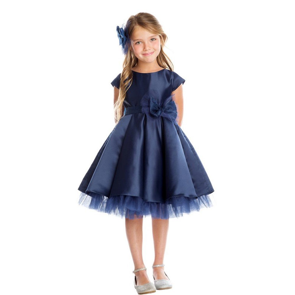 Little Girls Navy Satin Full Pleated Bow Accent Christmas Dress 2-6