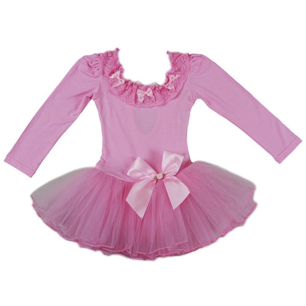 Girls Pink Lace Trim Bows Long Sleeve Ballet Dress S (9-24M)-XL (6-8)