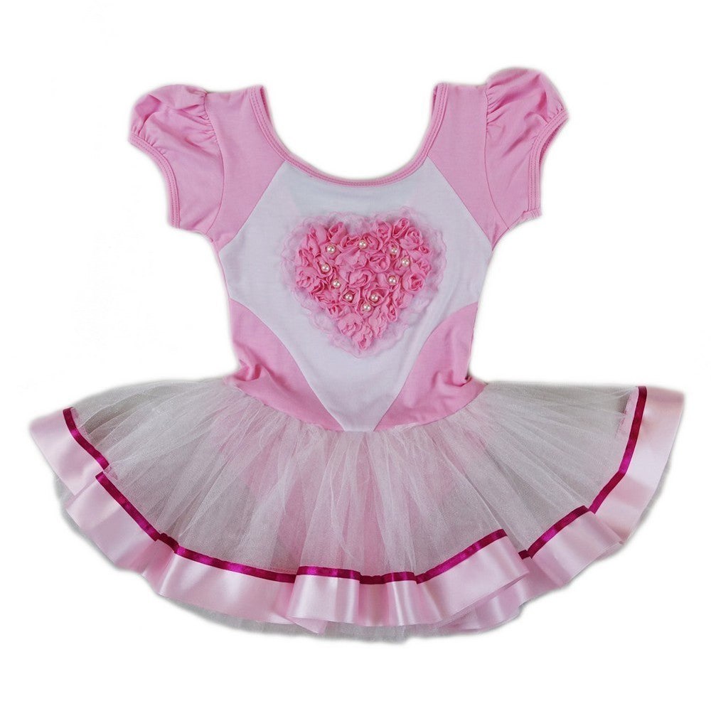 Girls Pink White Pearl Rose Heart Ballet Dress S (9-24M)-XL (6-8)