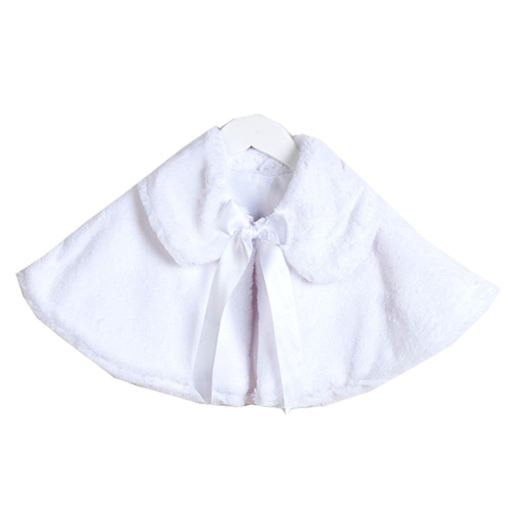 Little Girls White Satin Tie Collared Elegant Faux Fur Cape 2-6