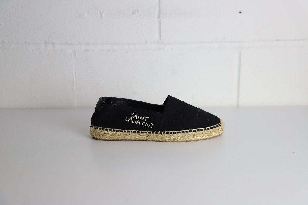 Saint Laurent Logo Embroidered Espadrille Flats in Black Canvas