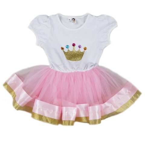 Girls Pink White Gold Crown Detail Birthday Dress S (9-24M)-XL (6-8)