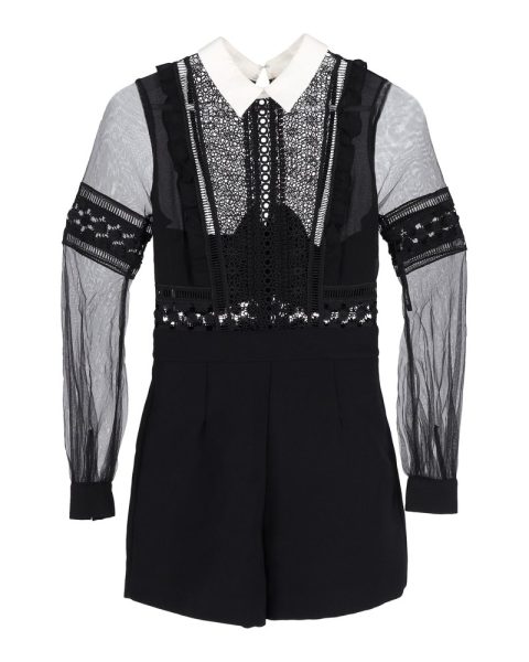 Self-Portrait Sheer Sleeve Mini Dress in Black Polyester