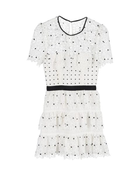 Self-Portrait Tiered Polka Dot Floral Lace Ruffle Mini Dress in White Polyester