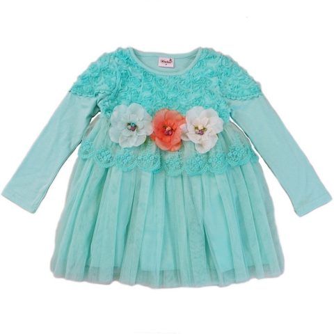 Girls Teal 3-D Flowers Lace Embellished Dress S (9-24M)-XL (6-8)