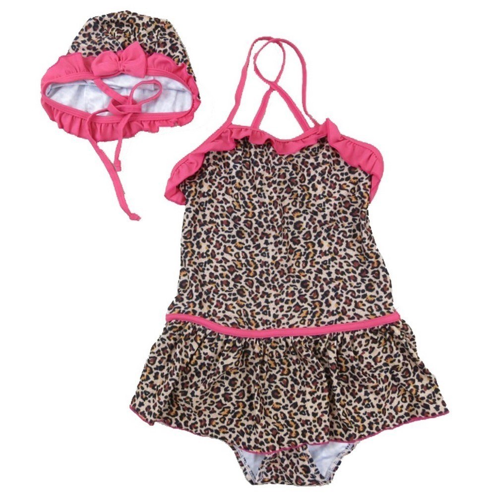 Little Girls Brown Leopard Print Ruffle Trim Cap Swimsuit 2T-7