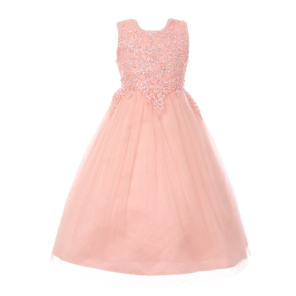 Big Girls Blush Pink Pearl Sequin Tulle Satin Junior Bridesmaid Dress 8-16