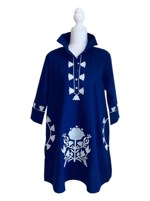 Camille Embroidered Tunic Dress In Navy/white