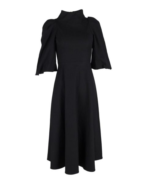 Mother of Pearl Sofia Puffed Sleeve Midi Dress in Black Cotton