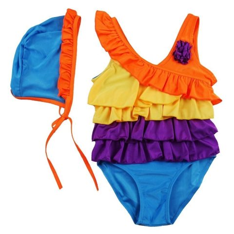 Little Girls Multi Color Rainbow Ruffle Trim Cap Swimsuit 2T-7