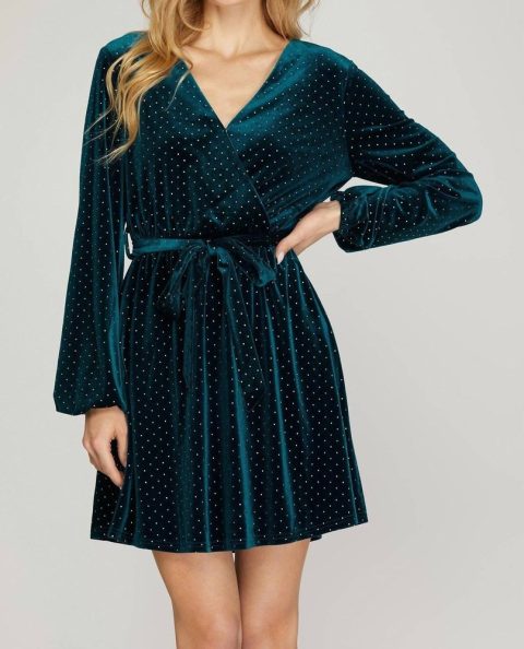 Surplice Dress With Gold-Dot In Teal Green Velvet
