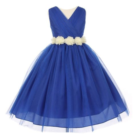 Little Girls Royal Blue Ivory Chiffon Floral Sash Tulle Flower Girl Dress 2-6