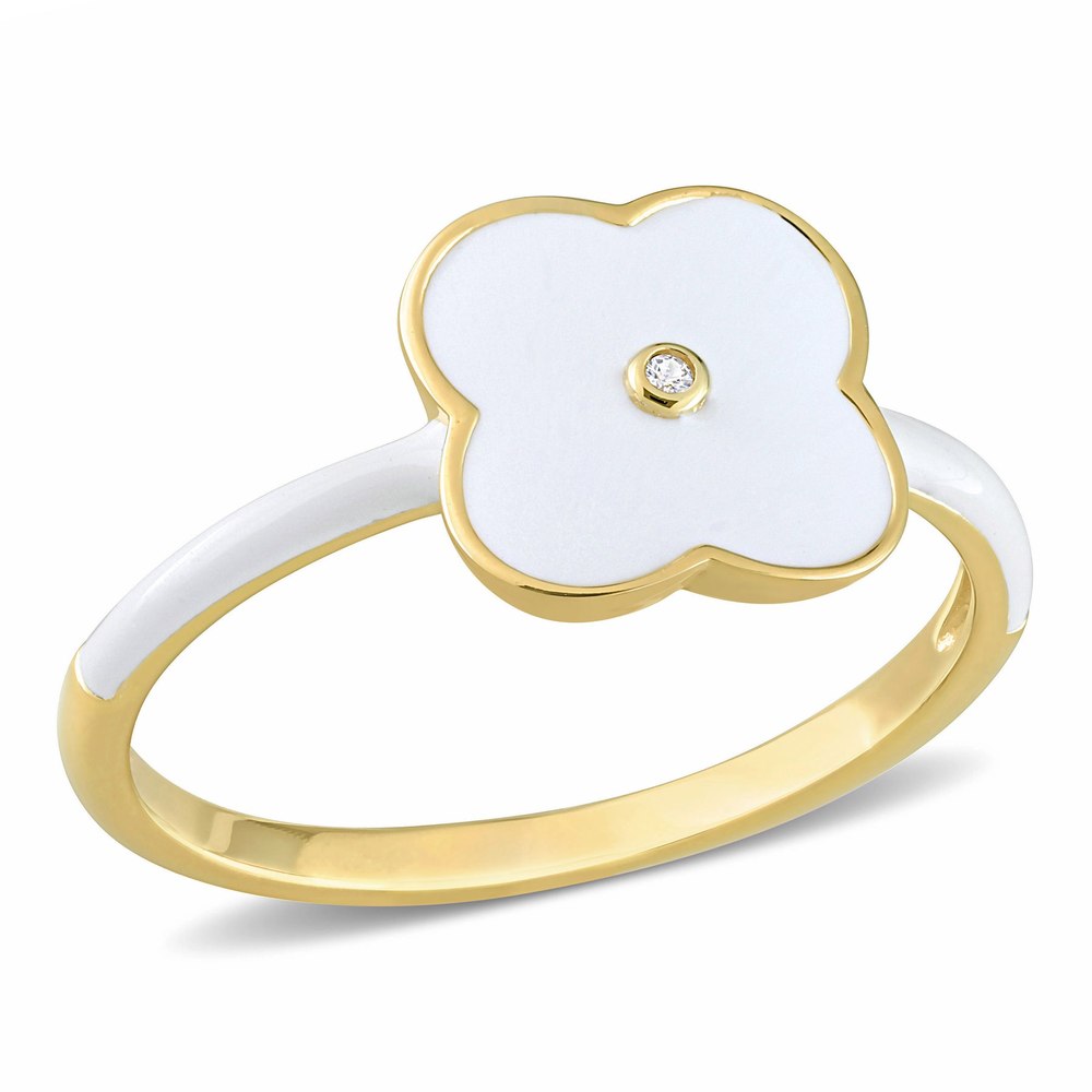 Mimi & Max Created White Sapphire Floral White Enamel Ring in Yellow Plated Sterling Silver