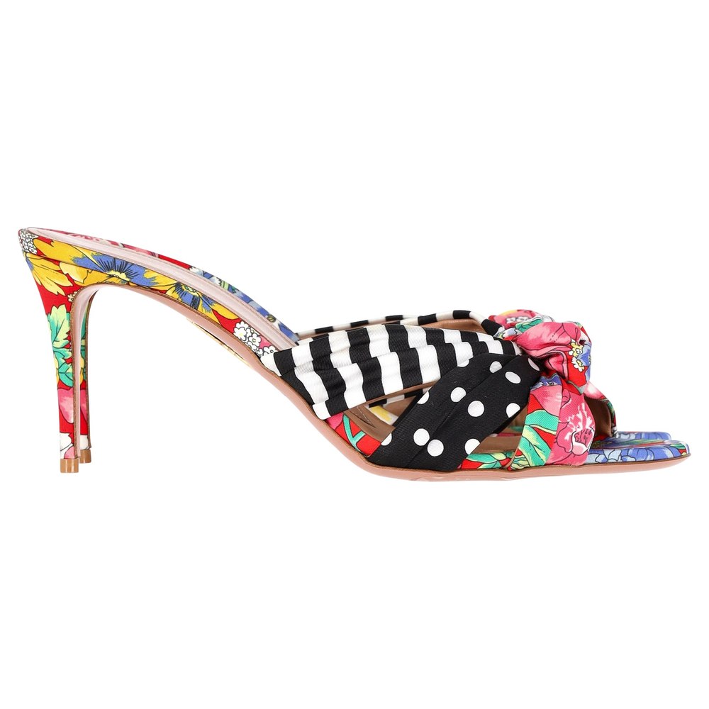 Aquazzura x Racil Menorca Printed Slide Sandals in Multicolor Satin