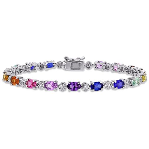 Mimi & Max 9 7/8ct TGW Multi-Color Created Sapphire and Diamond-Accent Tennis Bracelet in Sterling Silver