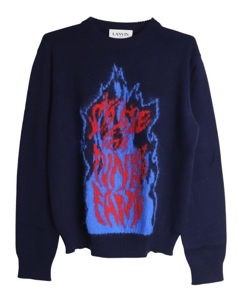 Lanvin Flame Slogan Intarsia-Knit Jumper In Navy Blue Wool