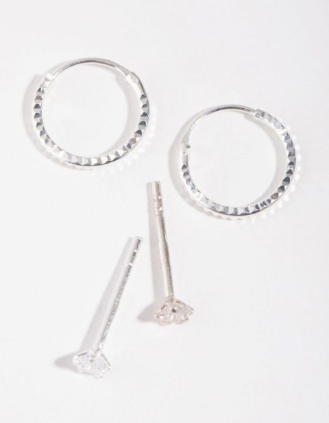 Sterling Silver Star Stud and Hoop Earrings