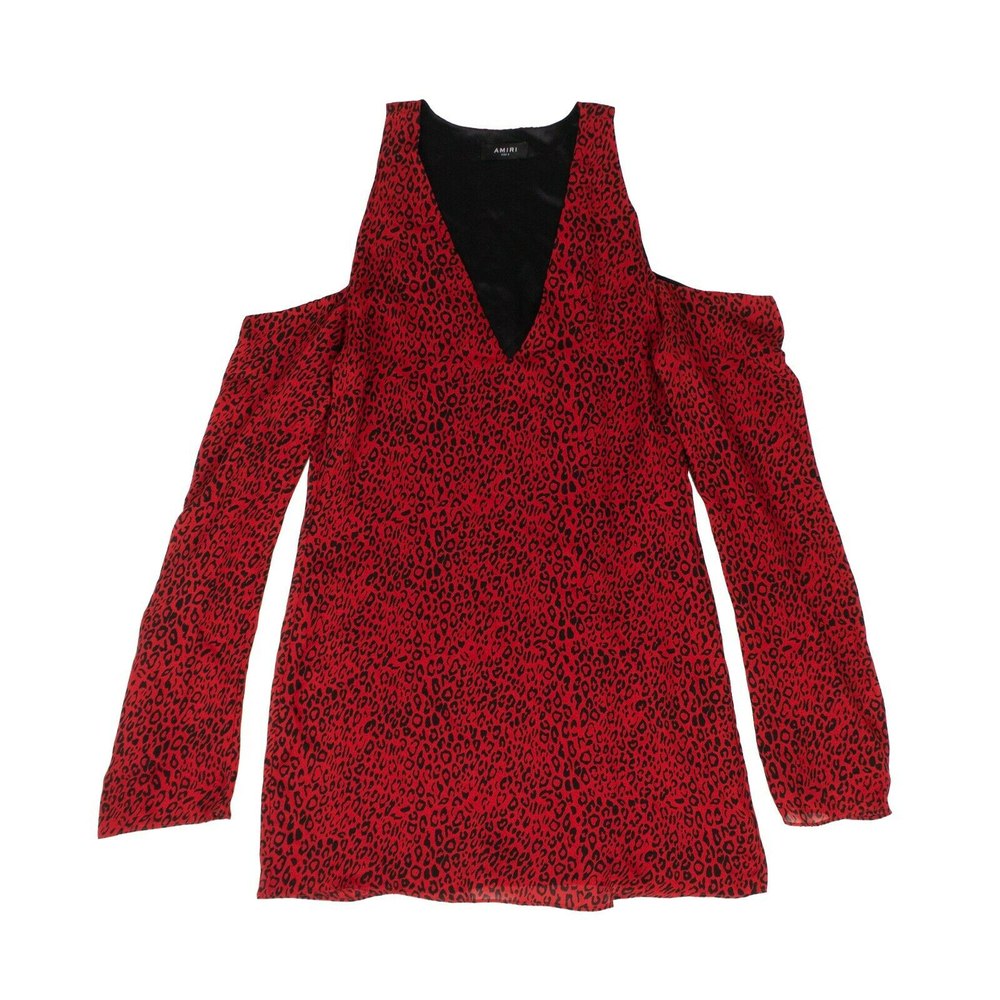 Amiri Leopard No Shoulder Long Sleeves Dress – Red
