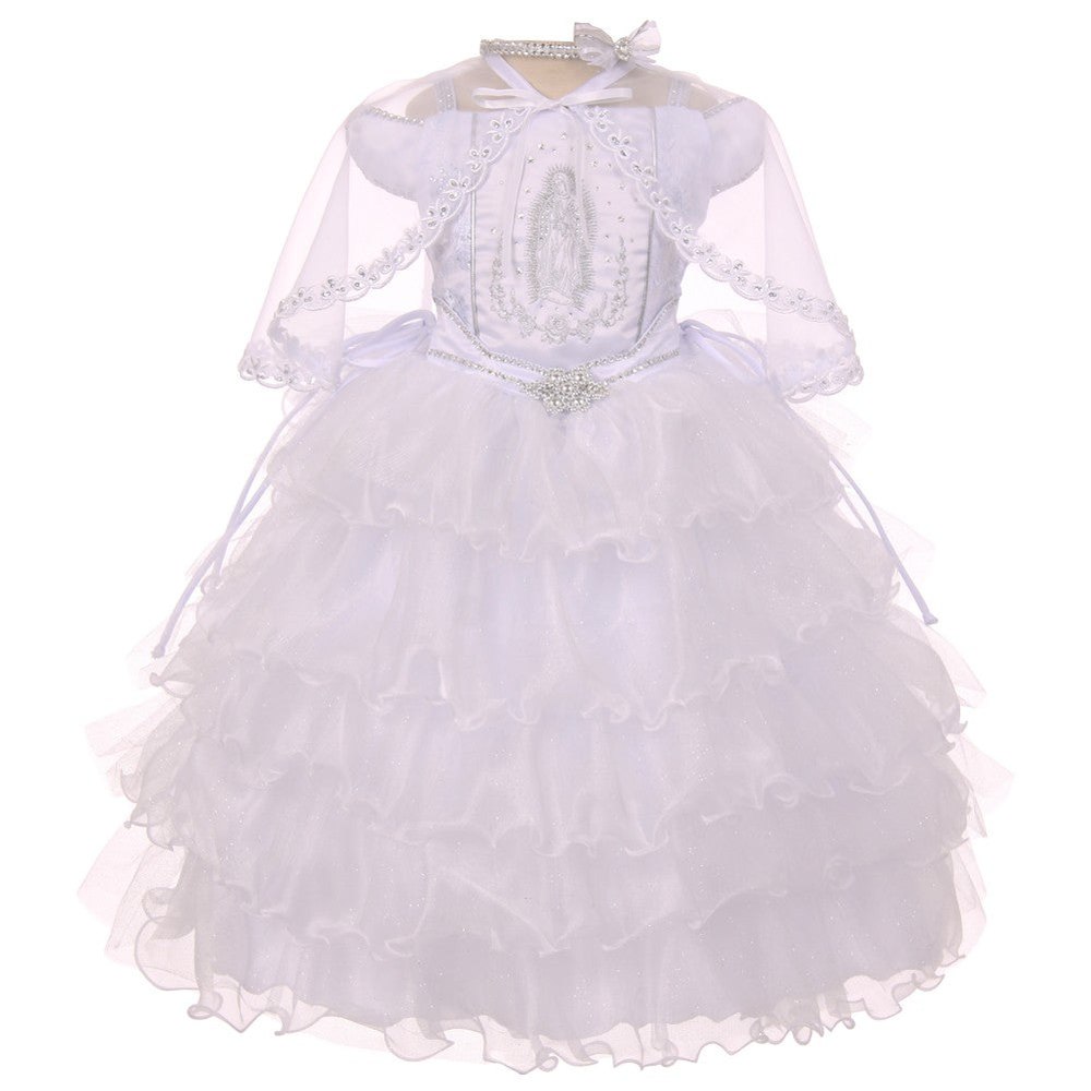 Little Girls White Ruffles Virgin Mary Embroidery Baptism Dress 2-6