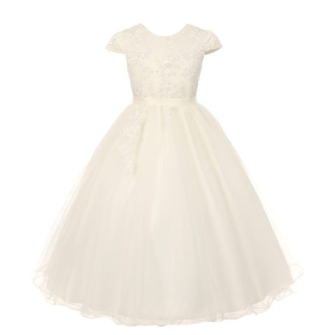 Rainkids Little Girls Ivory Pearl Sequin Tulle Communion Flower Girl Dress 4-6
