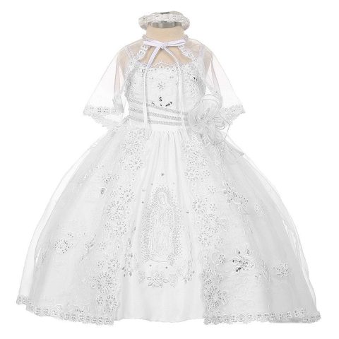 Little Girls White Organza Virgin Mary Embroidery Baptism Dress 2-6